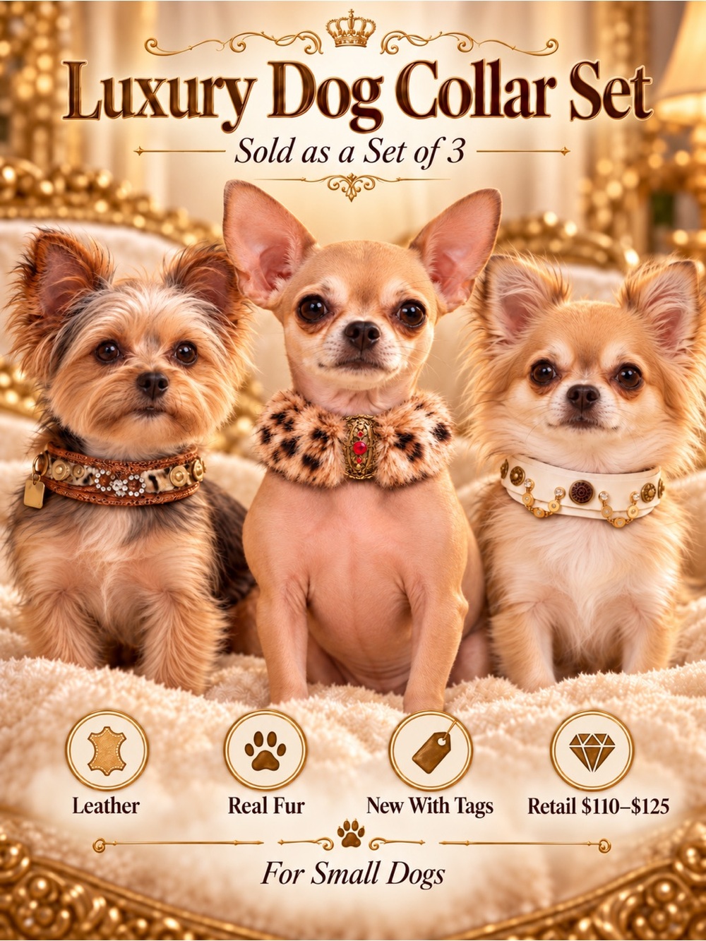 $355 - Luxury Dog Collar Set of 3 Real Fur Leather NWT Small Dog- Bundle & Save